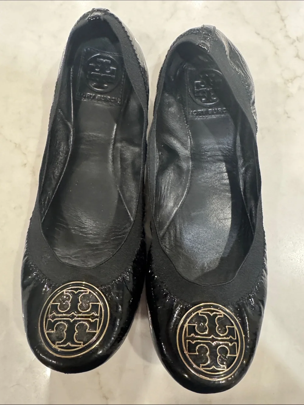 Tory Burch Black Patent Leather Logo Ballet Flats